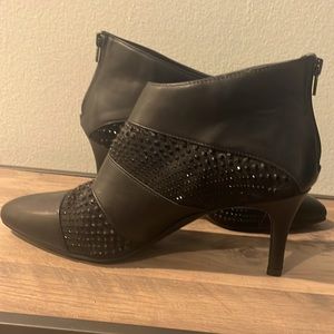 Black Studded Mesh & Faux Leather Bootie Heels